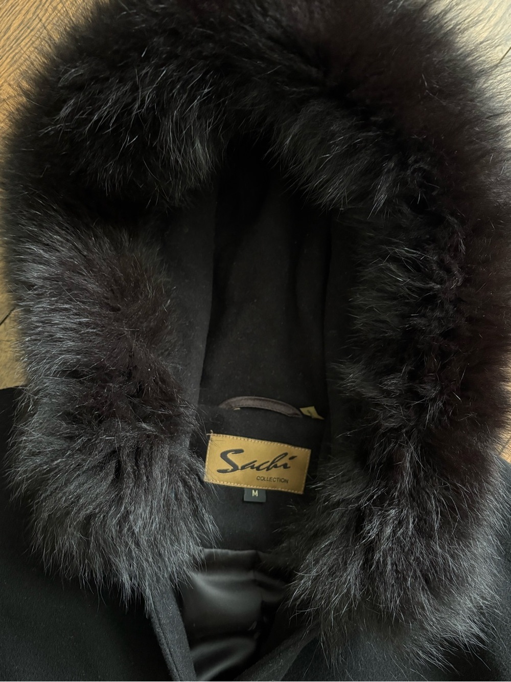 Sachi Black Hooded Wool/ Cashmere Blend Women's Coat with Real Fur Trim Size Med - Picture 3 of 10